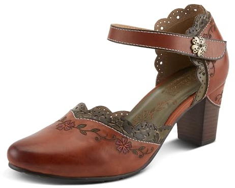 Spring Step L'Artiste Sayyes Mary Jane Heels | Baroque-Inspired Leather Pumps with Floral Embroidery DARK CAMEL MULTI EU 39 / US 8.5