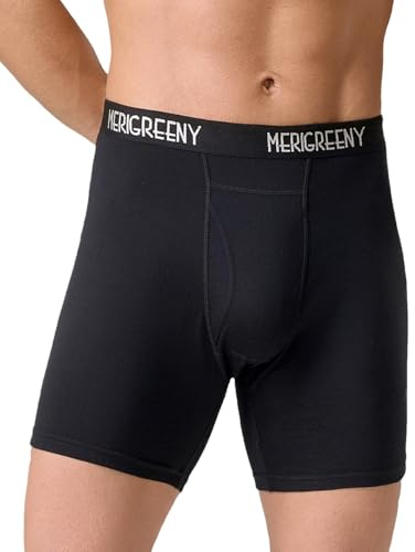 MERIGREENY Men’s 100% Merino Wool Boxer Briefs, Everyday Wool Underwear for Men, RWS Certified, Breathable, Odor-Resistant Black