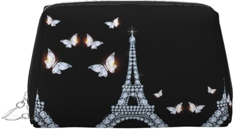 Trousse per cosmetici in pelle con stampa Torre Eiffel, borsa per trucchi in pelle per borsa con chiusura a zip elegante borsa da toilette, Argento, taglia unica