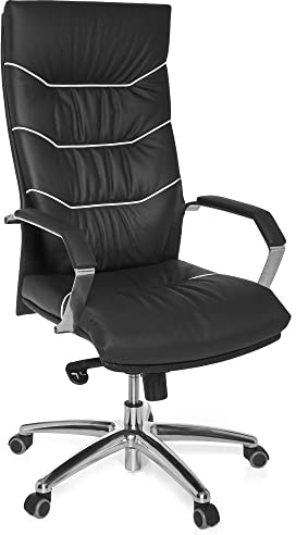 AMSTYLE Bürostuhl Echt-Leder schwarz Schreibtischstuhl, Chefsessel mit Kopfstütze & Multiblockmechanik, Design Drehstuhl verstellbar & hohe Rückenlehne