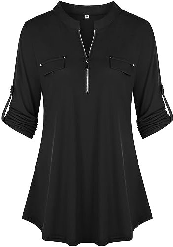 Lalala 3/4 Länge Ärmel Damen Oberteile Dressy Arbeit Casual Flowy Locker Blusen T Shirts (A_schwarz,XXL)