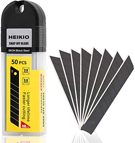 HEIKIO 18mm Snap-off Blades, 50-Pack, Quality Black Carbon Steel Made, Sharp and Durable, Heavy-duty Replacement Blade for 18mm Box Cutter and Utility Knife