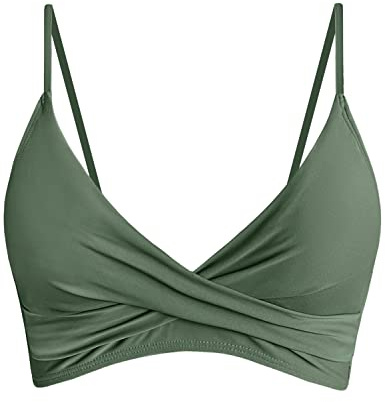 Women's Push Up Sexy V Neck Adjustable Twist Ruched Front Bikini Swimsuit Top Only Olive Green