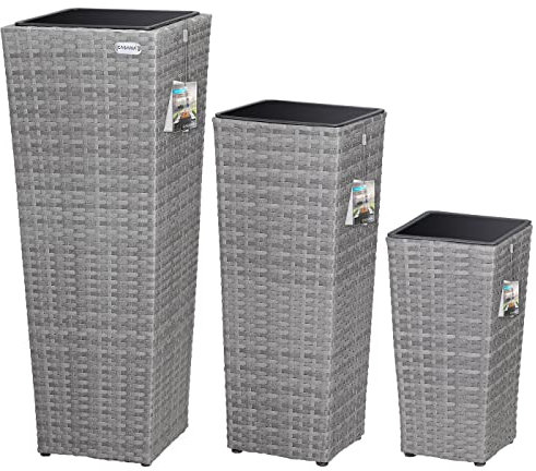 CASARIA® 3x Rattan Plant Pots | Grey Flower Box Set | Water Drainage with Lock | Wicker Look Indoor Outdoor Flower Boxes | Entrance Decoration