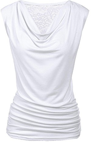 PINSPARK Top Women's Lace Tank Top V-Neck Top Waterfall Sleeveless Blouse Casual Summer Blouse Top Party Pleated Vest Basic Tank Tops, White, XL