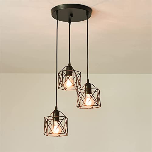 3 Luci Lampadario a Sospensione Industriale E27 Nero Geometrico a Semi-Incasso Apparecchio di Illuminazione a Soffitto per Cucina, Sala da Pranzo, Corridoio, Porta (Lampadina Non Inclusa)