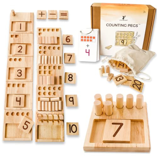 LITTLE BUD KIDS Counting Pegs - A Ten Frame Maths Game with Addition and Subtraction Flash Cards, A Wooden Montessori Math Toy & Math Manipulatives Number Peg Boards Set for Kids 3 4 5 6 7