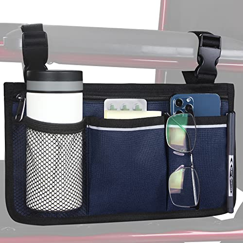 HSGEZUOQI Wheelchair Side Bag, Armrest Storage Pouch with Cup Holder and Reflective Strip Use of Waterproof Fabric for Most Wheelchairs, Walkers or Rollators (Blue)