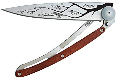 Deejo - Couteau de Poche Pliant 37g avec Clip Ceinture - Manche en Bois Corail, Lame en Acier Inoxydable - Motif Arbre - Couteau de Table, Randonnée, Camping, Bivouac