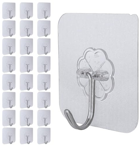 Relazoom 24 PCS Self Adhesive Hooks - 15kg/33lb Max, Transparent Sticky Hooks for Hanging, Heavy Duty Wall Hooks Stick on for Hanging Coat, Towel, Picture, Keys, Wreath - Christmas Light Hooks