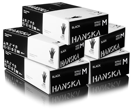 HANSKA Paquete de 500 Guantes desechables de nitrilo negros – Sin polvo – Desechar – No estériles – Base de goma – Apto para ámbitos médicos, manipulación de alimentos (500, M)