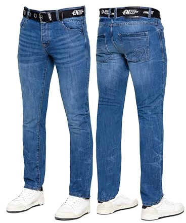 989Zé ENZO Mens Jeans Classic Straight Leg Casual Cotton Regular Fit Denim Pants Free Belt EZ384 MID Blue 36W / 34L