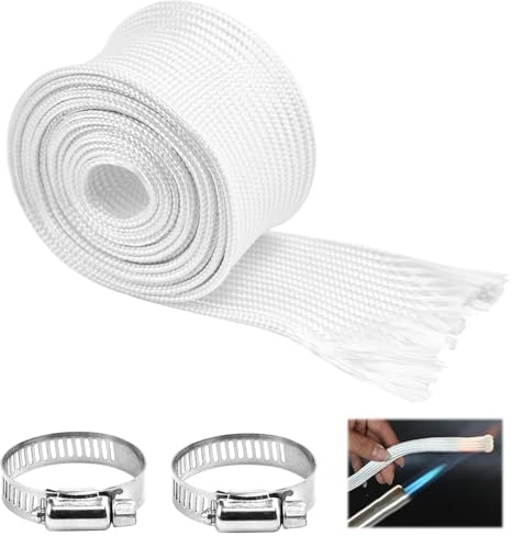 MININUSI Guaina In Fibra Di Vetro Intrecciata,25mm Fibra Vetro Manicotto,Manicottoin fibra di vetro,Guaina Isolante in Fibra di Vetro,tubo di scarico in fibra di vetro+2 clip For Guaine Cavi Tubi(2M)