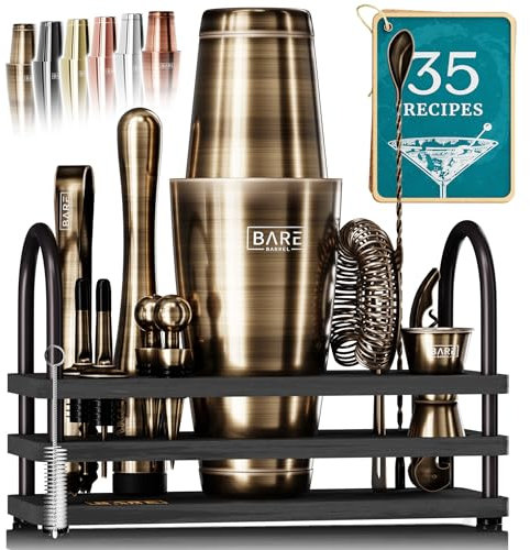 BARE BARREL® Mixology - Set da barista da bar, set da 14 pezzi, shaker per cocktail, strumenti di miscelazione per barista a casa, 35 biglietti di ricette, set regalo (shaker Boston da 88 once,