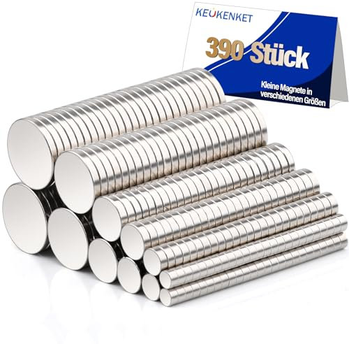 Keukenket 390 Stück Mini Stark, Klein Rund Neodym Magnete, 6 verschiedene Größen, Runde Kleine Whiteboard Magnete für Magnettafel, Handwerk, Büro, Kühlschrank