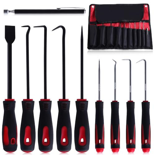 LEONTOOL Lot de 10 crochets, comprenant des crochets angulaires, droits, complets, un grattoir et un kit d'outils télescopiques magnétiques de précision pour joint d'huile/joint torique de voiture