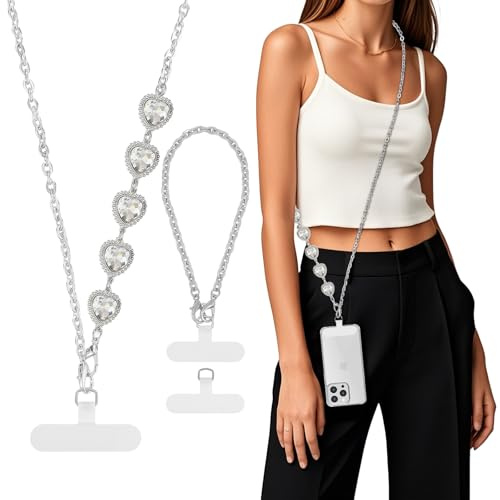 MoKo Phone Chain Crossbody, Metal Lanyard, Universal Phone Strap for iPhone, Samsung, Most Smartphones, Crossbody Wrist Strap × 1, Patches × 2, Silver