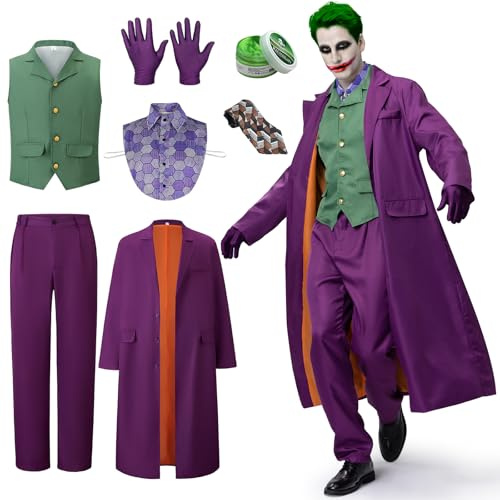 IEEILULU Deguisement Joker Hommes, Costume Clown Tueur Horreur Halloween Killer Joker Hommes avec Manteau Violet, Gilet Vert, Pantalon, Cravate, Faux Col de Chemise et Gants pour Halloween (M)