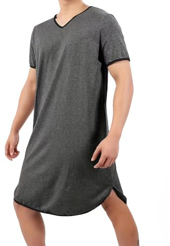 Chemise de Nuit Homme Coton Pyjama Manches Courtes Hauts de Pyjama Homme Tee-Shirt Long Col V Vêtements d'Intérieur T-Shirt Grande Taille Douce Confortable Pyjamas