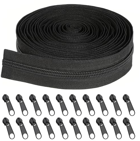 Fhioevt Cremallera por Metros para Coser 10m Negra 20 Cursor Metálicas 5# Continua Nylon Chaquetas Ropa Mochilas Escolares DIY Costura Artesanal