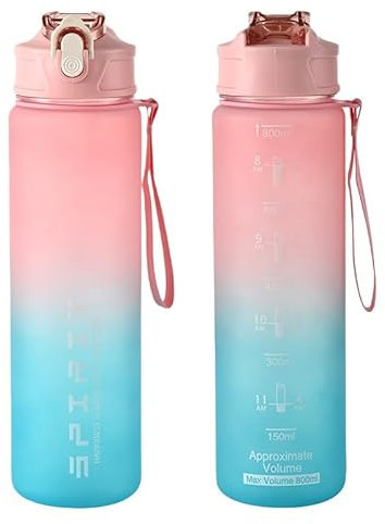 Xingdianfu Trinkflasche, 800ml Wasserflasche mit Strohhalm, Trinkflasche Sport Auslaufsicher mit Zeitmarkierung, Sportflasche für Fitness, Schule, Yoga, Outdoor (Rosa)