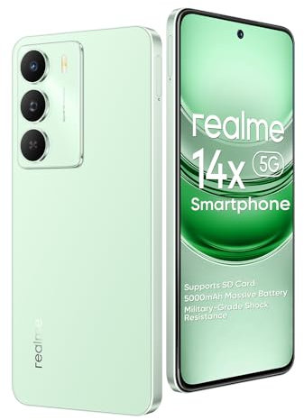 realme 14x 5G Smartphone, 6+128GB, Chipset Dimensity 6300 5G, Cámara 50MP Autofocus, Pantalla 120Hz IP64, 6,67 Pulgadas, Batería 5000mAh, NFC, Soporte Tarjeta Micro-SD, Verde