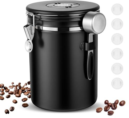 Osrioal Coffee Bean Storage, 2.8L Airtight Coffee Canister with Measuring Scoop, Date Tracker & 6 CO2 Valves, Vacuum Jar Storage Container for Freshness