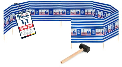 Garronda Paravent Plage 12 m - Kit avec Piquets Bois et Marteau GAEX001 | Brise-Vent de Plage, Paravent Extérieur en Polyester, Pliable, Barrière Coupe-Vent, Pare-Vent pour Mer Camping Jardin Outdoor