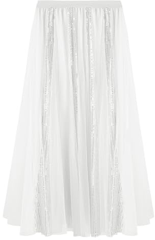 SPFASZEIV Gonna Lunga in Tulle con Paillettes per Donne Brillante a Linea A Gonna Midi con Glitter Outfit Casual Feste Festival Bianco Taglia Unica