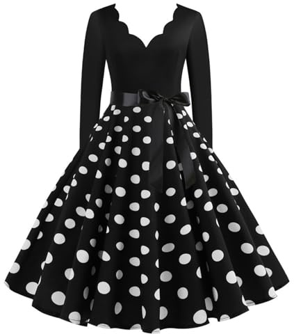 Duohropke Robe rockabilly pour femme années 50 et 60 - Robe de coctail vintage à pois - Robe de mariage - Robe festive - Longueur genou - Col en V - Robe tunique - Robe de bal - Jupe plissée, Noir