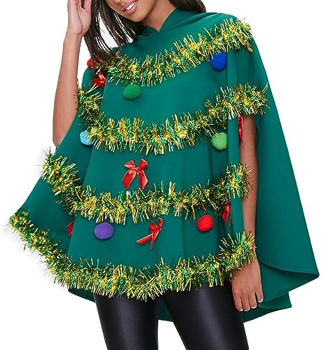 Qianderer Women Christmas Tree Costume Bow Ball Decor Hooded Cloak Cape Poncho Funny Xmas Tree Dress Costume for Cosplay Party