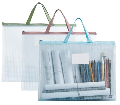Nujvnuj 3 Pack A3 Art Portfolio Bag Waterproof EVA Mesh Artist Case with Card Holder Transparent Painting Folder for Drawings & Documents (Colorful, Portable & Durable)