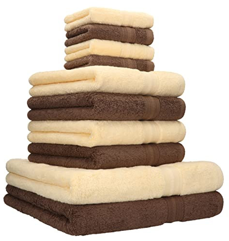 Betz 10 TLG. Handtücher Set Duschtuch Badetuch Handtuch Gold Farbe beige & nuss braun Qualität 600 g/m² 100% Baumwolle 2 Duschtücher 70x140 cm 4 Handtücher 50x100 cm 4 Seiftücher 30x30 cm