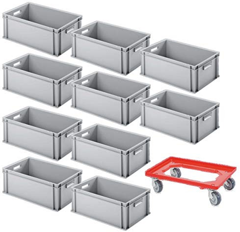 BRB 10er SPAR-Set Euro-Behälter PLUS Transportroller, 600x400x220 mm Industriequalität lebensmittelecht grau