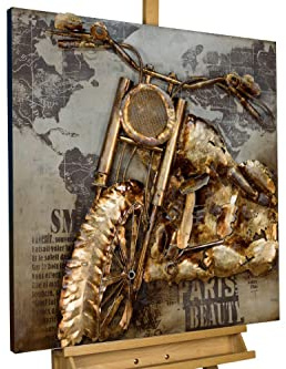 Kunstloft Vivid Metal 3D Relief Image 'Free Streets' 31x31x2inches | Large hand-crafted wall decoration | motorcycle Yellow Brown | Contemporary wall art design picture mural