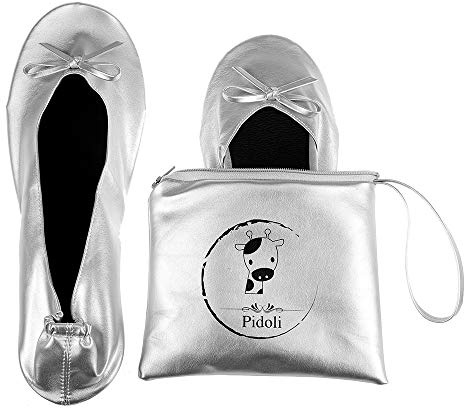 Ballet Flats Shoes -Women's Foldable Portable Travel Roll Up Shoes with Pouch (Silver, 9.5)