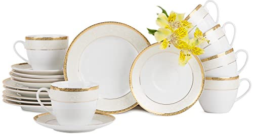 konsimo Tassen Set 18 Teilig - AGAWA GOLD Cappuccino Tassen Set - Porzellan - Spülmaschinenfest - 6 Personen