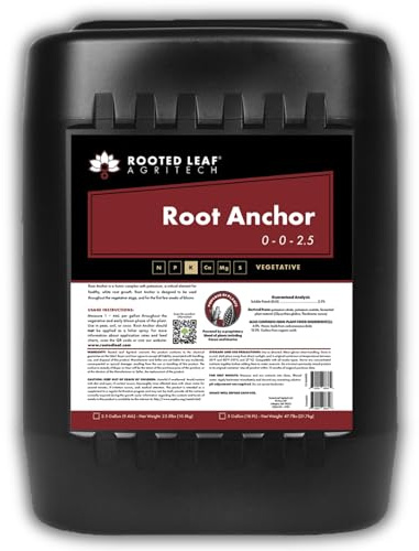 Rooted Leaf Agritech Root Anchor - Carbon Based Humic and Kelp Fertilizer, Nitrogen Free with Potassium to Improve Soil and Enhance Plant Growth for Garden Plants Grass Lawns - 5 Gallon