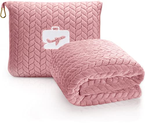 EverSnug Coperta da viaggio di alta qualità, morbida coperta 2 in 1, con federa morbida, custodia per bagaglio a mano e clip per zaino (rosa chiaro), king size