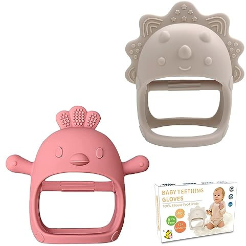 JUSONEY Baby Beißring, 2 Packungen Anti-Tropfen Silikon Beißspielzeug für Kleinkinder 12+ Monate, Baby Beißhandschuhe 3D Huhn und Triceratops Form verhindern Finger saugen für das Stillen von Babys
