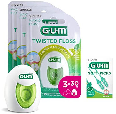 GUM Twisted Floss Zahnseide | entfernt Plaque zwischen den Zähnen und dem Zahnfleischrand | bis zu 30% mehr Zahnseide | 30 m | 3 x 1 Stück (mit 1 Bonusprobe)