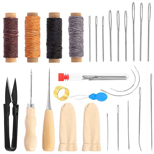 Swpeet Kit de 26 piezas para trabajo de cuero, herramientas y suministros de trabajo de cuero, kit de herramientas de artesanía de cuero con agujas de costura de ojo grande, hilo encerado, tijeras en