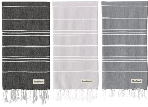 Blue Beach 3 set turkiska strandhanddukar – 100 x 180 cm stor turkisk hammampeshtemal-handduk – superabsorberande, lätt, kompakt för simning, bad, gym, bastu och resor (silvergrå, mörkgrå, svart)