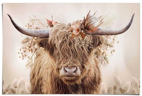 REINDERS Poster, Highlander in Blumen, Wohnzimmer, Poster, Wanddeko, Room Decor, 150 gr. glänzend Bilderdruckpapier, Beige, 61 x 91,5