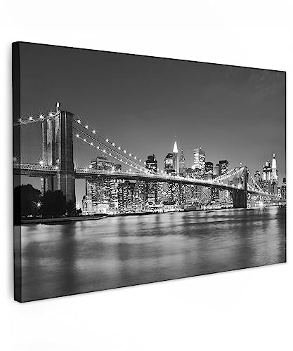 MuchoWow© Stampe Su Tela 120x80 cm Quadro Soggiorno Quadri Camera Da Letto Moderni Accessori Salotto Poster Da Parete Con CorniceNew York - Ponte - Brooklyn - Bianco e nero - Architettura