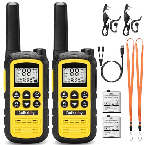 Radioddity PR-T6 Walkie Talkie PMR446 Lizenzfrei Funkgerät für Erwachsene Kinder, Wiederaufladbares Walky Talky mit VOX, USB-C-Aufladung, Taschenlampe, Ohrhörer für Campingwanderungen, 2er-Pack, Gelb