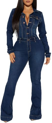 cffvdiz Mono De Mezclilla Sexy De Manga Larga Para Mujer Cintura Alta Slim Fit Stretch Flare Jean Jumpsuit Mamelucos Largos,Dark blue,L