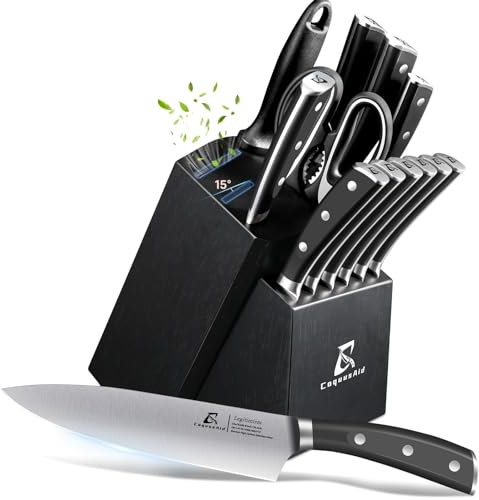 CoquusAid Juego de cuchillos de cocina con inserto biselado de 15°, bloque de 15 piezas con bloque y sacapuntas, juego de cuchillos de carne enfriados al vacío con CA