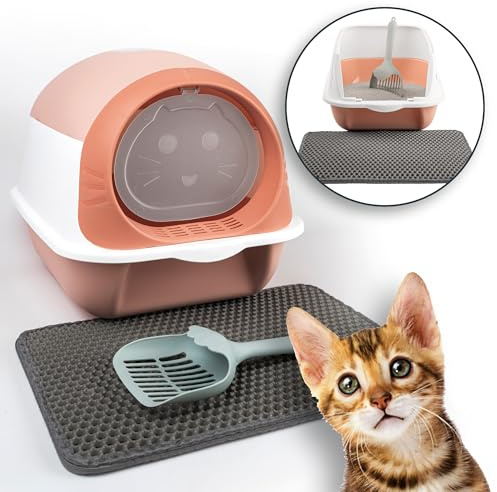 LINUMA® Bac à litière Rose avec Couvercle – avec Tapis & Pelle – Toilette hygiénique fermée pour Chat – Anti-Odeur & Facile à Nettoyer