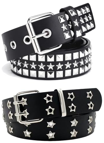 Lot de 2 ceintures gothiques cloutées – 110 cm noir avec clous carrés, rivets cinq étoiles, accessoires emo punk et gothique, vintage rock Y2K pour femmes et hommes, jeans et pantalons, Halloween